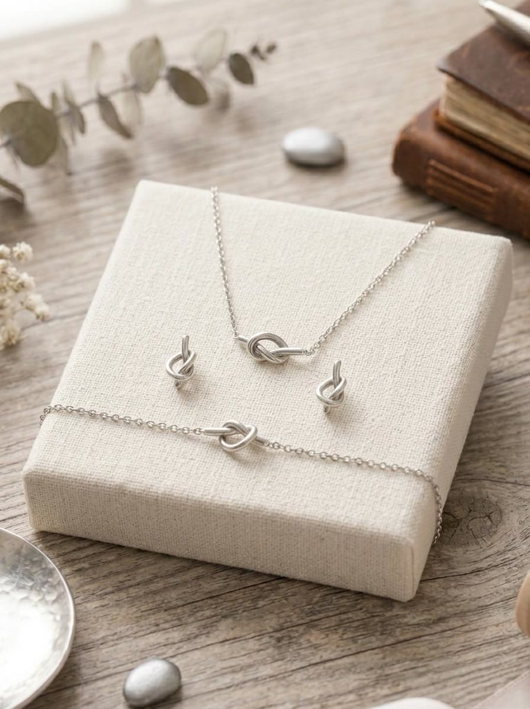 Elegant Silver Love Knot Jewelry Set – Minimalist Necklace, Bracelet & Earrings