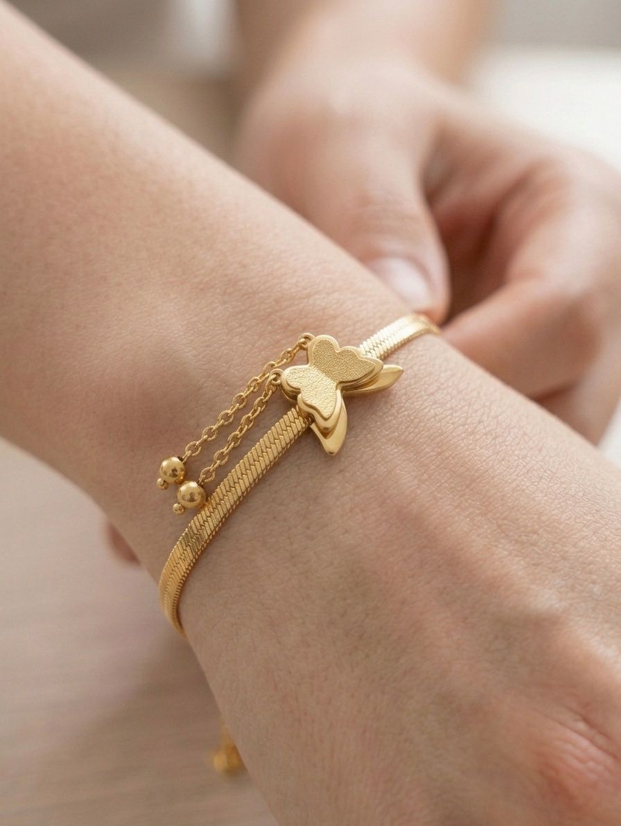Butterfly Charm Herringbone Bracelet | Anti-Tarnish