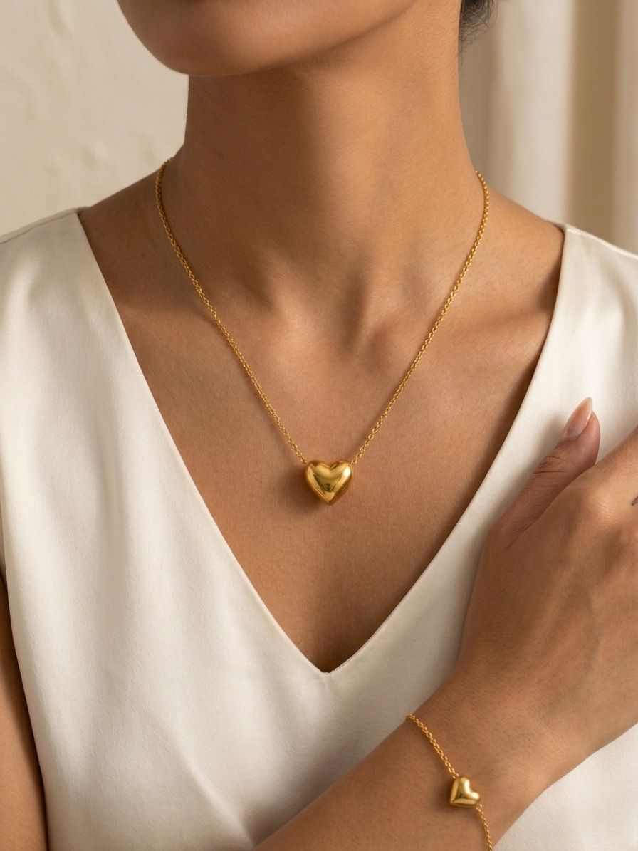 Elegant Puffy Heart Jewelry Set – Minimalist Gold-Toned Necklace, Bracelet & Earrings