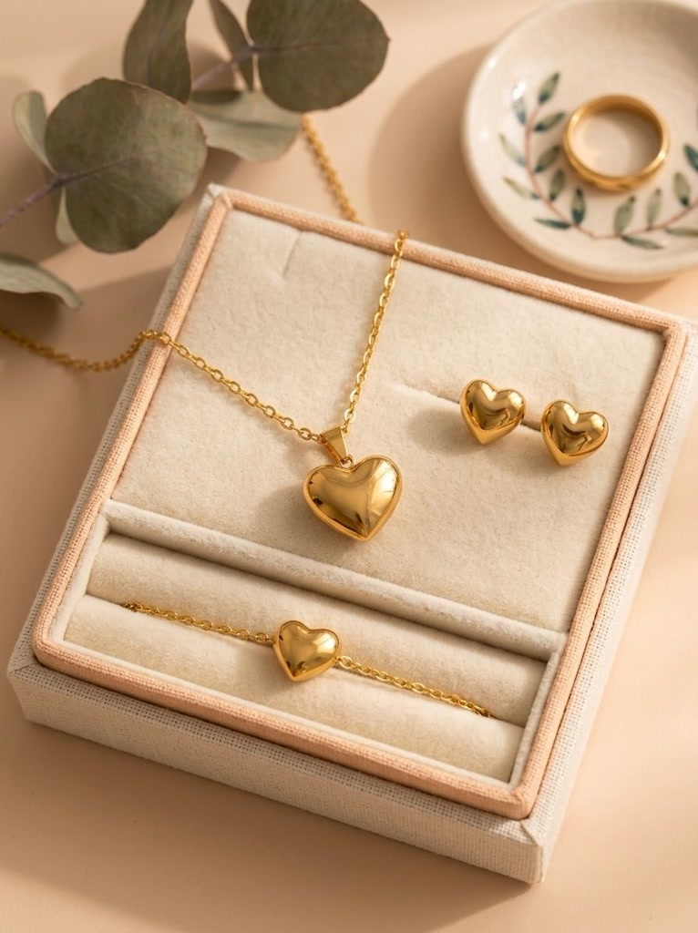Elegant Puffy Heart Jewelry Set – Minimalist Gold-Toned Necklace, Bracelet & Earrings