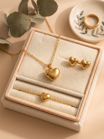 Elegant Puffy Heart Jewelry Set – Minimalist Gold-Toned Necklace, Bracelet & Earrings