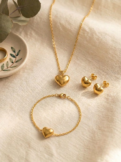 Elegant Puffy Heart Jewelry Set – Minimalist Gold-Toned Necklace, Bracelet & Earrings