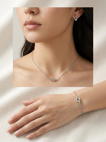 Elegant Silver Love Knot Jewelry Set – Minimalist Necklace, Bracelet & Earrings