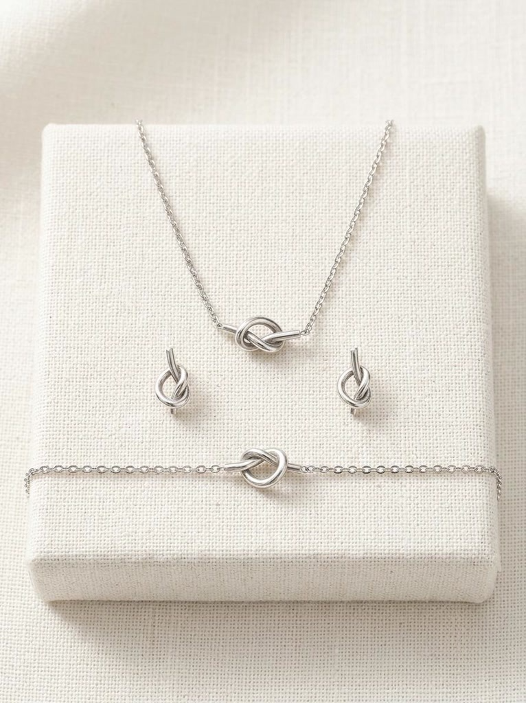 Elegant Silver Love Knot Jewelry Set – Minimalist Necklace, Bracelet & Earrings