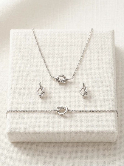 Elegant Silver Love Knot Jewelry Set – Minimalist Necklace, Bracelet & Earrings