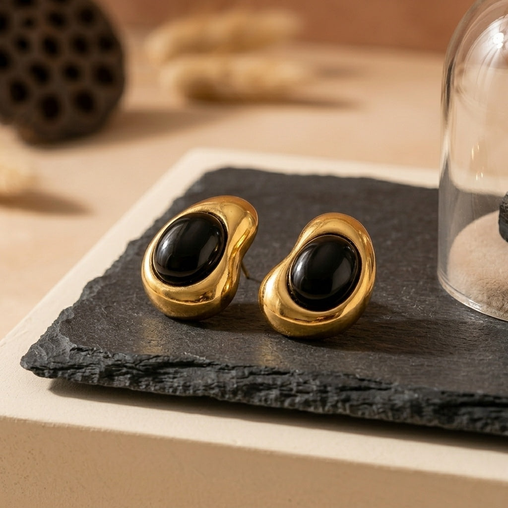 Yasrab Midnight Molten Studs – Vintage Chunky Gold Statement Earrings with Black Onyx Inlay