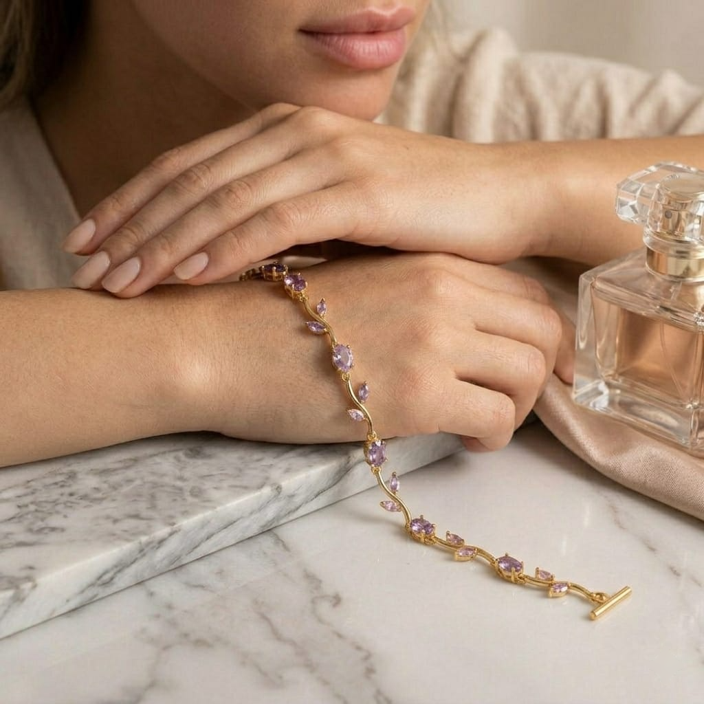 Yasrab Lavender Amethyst Vine Bracelet – 18K Gold Plated Botanical Leaf Bracelet for Women