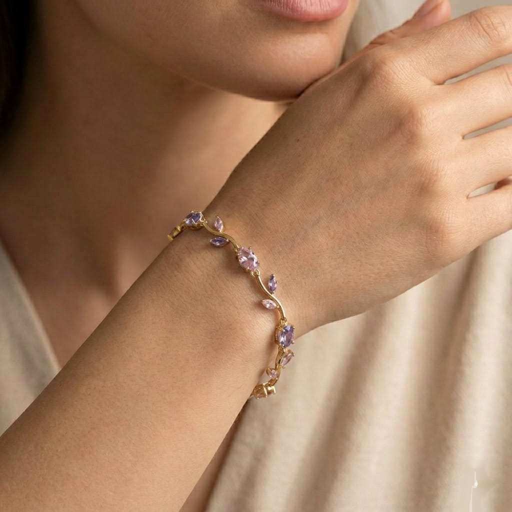 Yasrab Lavender Amethyst Vine Bracelet – 18K Gold Plated Botanical Leaf Bracelet for Women
