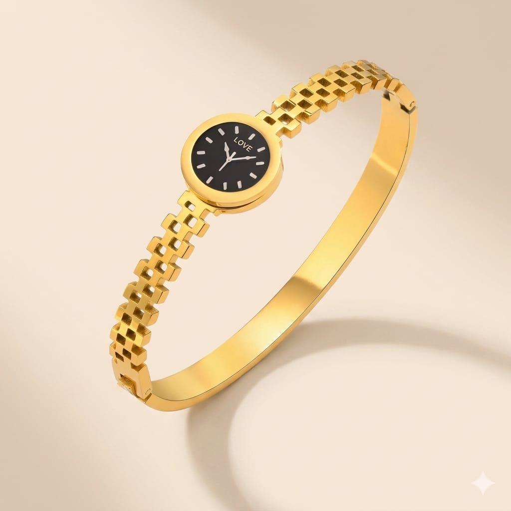 Yasrab Watch Face Bangle – Anti Tarnish Stainless Steel Bracelet for Women Waterproof Long-Lasting Gold Color