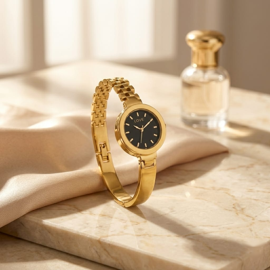 Yasrab Watch Face Bangle – Anti Tarnish Stainless Steel Bracelet for Women Waterproof Long-Lasting Gold Color
