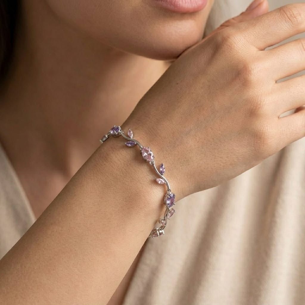 Yasrab Lavender Amethyst Vine Bracelet – 18K Gold Plated Botanical Leaf Bracelet for Women
