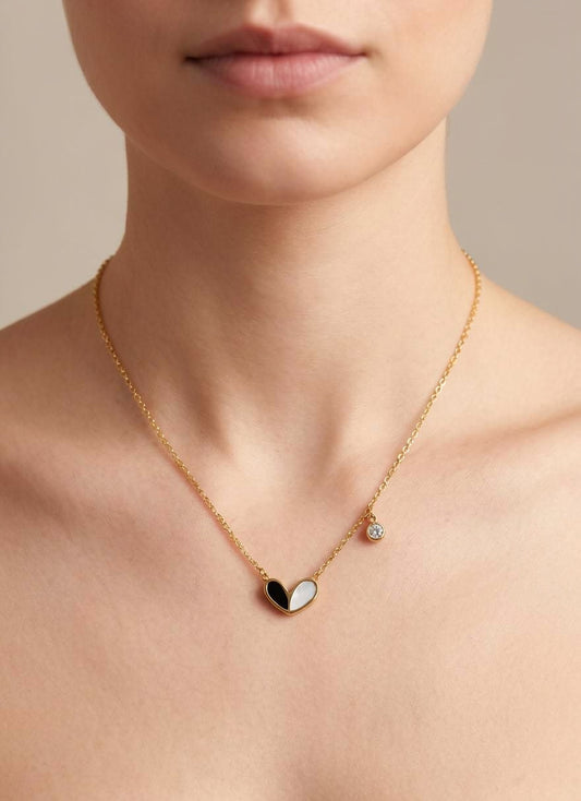 Yasrab | Anti-Tarnish Noir & Pearl Heart Necklace – 18K Gold Plated Waterproof Jewelry